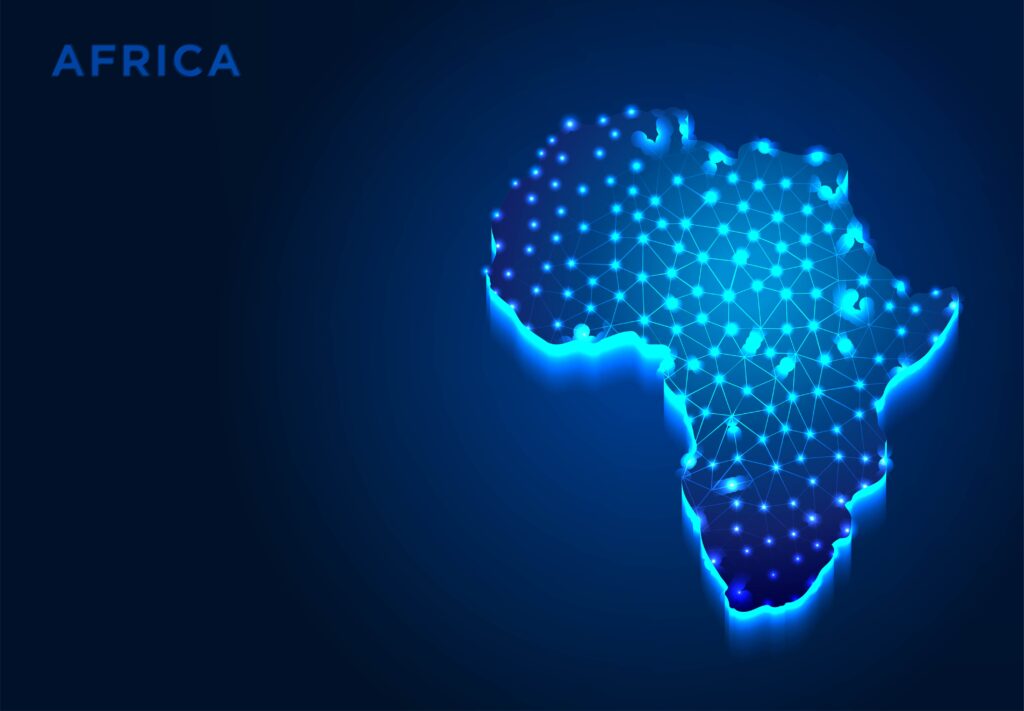 africa continent in blue silhouette, abstract low poly designs, from line and dot wireframe, vector illustration